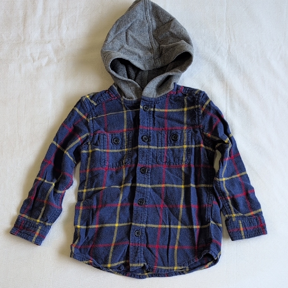 children's place blue plaid cotton flannel button down shirt with hood 2T boys